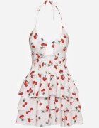 defox Rochie Albă Halter cu croială evazată cu volane cu cireșe Lanelora