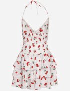 defox Rochie Albă Halter cu croială evazată cu volane cu cireșe Lanelora