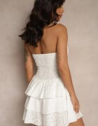 defox Rochie Albă Halter din Țesătură de Bumbac Brodată Decorată cu Volane Filaritia