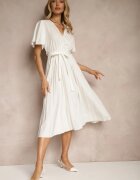 defox Rochie Albă Legată în Talie cu Pliseuri la Bază Dorseki