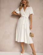 defox Rochie Albă Legată în Talie cu Pliseuri la Bază Dorseki