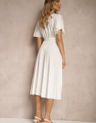 defox Rochie Albă Legată în Talie cu Pliseuri la Bază Dorseki