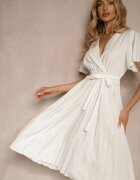defox Rochie Albă Legată în Talie cu Pliseuri la Bază Dorseki