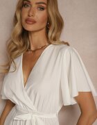 defox Rochie Albă Legată în Talie cu Pliseuri la Bază Dorseki