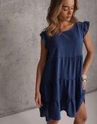 defox Rochie Albastră cu Mânecă Scurtă și Volane Decorative cu Croială Evazată Vetesa