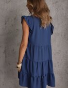 defox Rochie Albastră cu Mânecă Scurtă și Volane Decorative cu Croială Evazată Vetesa