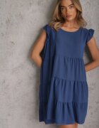 defox Rochie Albastră cu Mânecă Scurtă și Volane Decorative cu Croială Evazată Vetesa