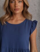 defox Rochie Albastră cu Mânecă Scurtă și Volane Decorative cu Croială Evazată Vetesa