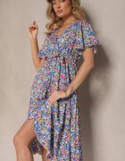 defox Rochie Albastră cu Pliuri cu Imprimeu Floral cu Croială Cloș Lanelin