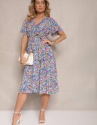 defox Rochie Albastră cu Pliuri cu Imprimeu Floral cu Croială Cloș Lanelin