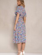 defox Rochie Albastră cu Pliuri cu Imprimeu Floral cu Croială Cloș Lanelin