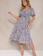 defox Rochie Albastră cu Pliuri cu Imprimeu Floral cu Croială Cloș Lanelin