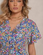 defox Rochie Albastră cu Pliuri cu Imprimeu Floral cu Croială Cloș Lanelin