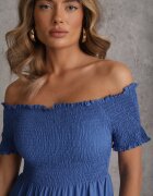defox Rochie Albastră de vară din bumbac tip Carmen cu volane evazate Lorania