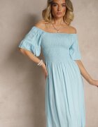 defox Rochie Albastră Deschisă Evazată din Bumbac cu Mâneci Bufante și cu Elastic la Bust Norlio