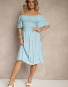 defox Rochie Albastră Deschisă Evazată din Bumbac cu Mâneci Bufante și cu Elastic la Bust Norlio