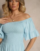 defox Rochie Albastră Deschisă Evazată din Bumbac cu Mâneci Bufante și cu Elastic la Bust Norlio