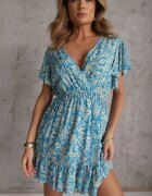 defox Rochie Albastră din Bumbac cu Croială Cloș Decorată cu Volane și Elastic în Talie Neliaura