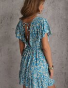 defox Rochie Albastră din Bumbac cu Croială Cloș Decorată cu Volane și Elastic în Talie Neliaura
