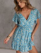 defox Rochie Albastră din Bumbac cu Croială Cloș Decorată cu Volane și Elastic în Talie Neliaura