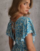 defox Rochie Albastră din Bumbac cu Croială Cloș Decorată cu Volane și Elastic în Talie Neliaura