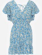 defox Rochie Albastră din Bumbac cu Croială Cloș Decorată cu Volane și Elastic în Talie Neliaura