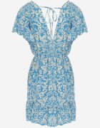defox Rochie Albastră din Bumbac cu Croială Cloș Decorată cu Volane și Elastic în Talie Neliaura