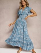 defox Rochie Albastră din Bumbac Paisley cu Decolteu petrecut cu Volane și Elastic în talie Brionea