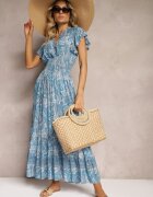 defox Rochie Albastră din Bumbac Paisley cu Decolteu petrecut cu Volane și Elastic în talie Brionea