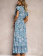 defox Rochie Albastră din Bumbac Paisley cu Decolteu petrecut cu Volane și Elastic în talie Brionea