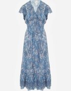 defox Rochie Albastră din Bumbac Paisley cu Decolteu petrecut cu Volane și Elastic în talie Brionea