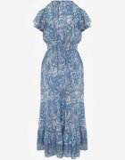 defox Rochie Albastră din Bumbac Paisley cu Decolteu petrecut cu Volane și Elastic în talie Brionea