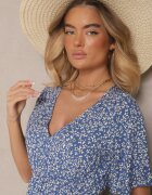 defox Rochie Albastră Evazată De bumbac Cu imprimeu floral Ezrive