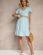 defox Rochie Albastră Evazată din Bumbac Decorată cu Volane și Nasturi Zoliova