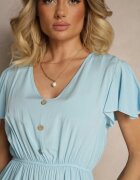 defox Rochie Albastră Evazată din Bumbac Decorată cu Volane și Nasturi Zoliova
