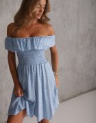 defox Rochie Albastră Florală Spaniolă din Bumbac cu Elastic în Talie Nevima