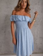 defox Rochie Albastră Florală Spaniolă din Bumbac cu Elastic în Talie Nevima