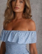 defox Rochie Albastră Florală Spaniolă din Bumbac cu Elastic în Talie Nevima