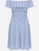 defox Rochie Albastră Florală Spaniolă din Bumbac cu Elastic în Talie Nevima