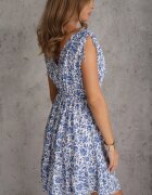defox Rochie Albastru-Albă din bumbac cu bretele groase cu elastic în talie închisă cu nasturi Tessri