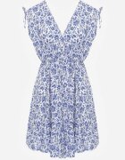defox Rochie Albastru-Albă din bumbac cu bretele groase cu elastic în talie închisă cu nasturi Tessri
