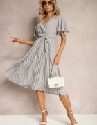 defox Rochie Albastru-Bej cu Croială Cloș cu Elastic în Talie și Decolteu Petrecut cu Curea din Material Textil Qrissa