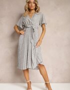 defox Rochie Albastru-Bej cu Croială Cloș cu Elastic în Talie și Decolteu Petrecut cu Curea din Material Textil Qrissa