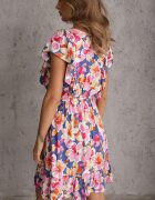 defox Rochie Albastru-Roz Cambrată Din bumbac Florală cu volane la umeri cu elastic în talie Nelova