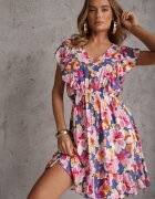 defox Rochie Albastru-Roz Cambrată Din bumbac Florală cu volane la umeri cu elastic în talie Nelova