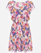 defox Rochie Albastru-Roz Cambrată Din bumbac Florală cu volane la umeri cu elastic în talie Nelova