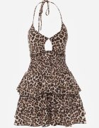 defox Rochie Bej cu imprimeu leopard cu legătură la gât și volane Gilanne