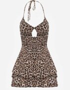 defox Rochie Bej cu imprimeu leopard cu legătură la gât și volane Gilanne