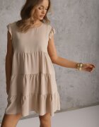 defox Rochie Bej cu Mânecă Scurtă și Volane Decorative cu Croială Cloș Vetesa