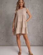 defox Rochie Bej cu Mânecă Scurtă și Volane Decorative cu Croială Cloș Vetesa